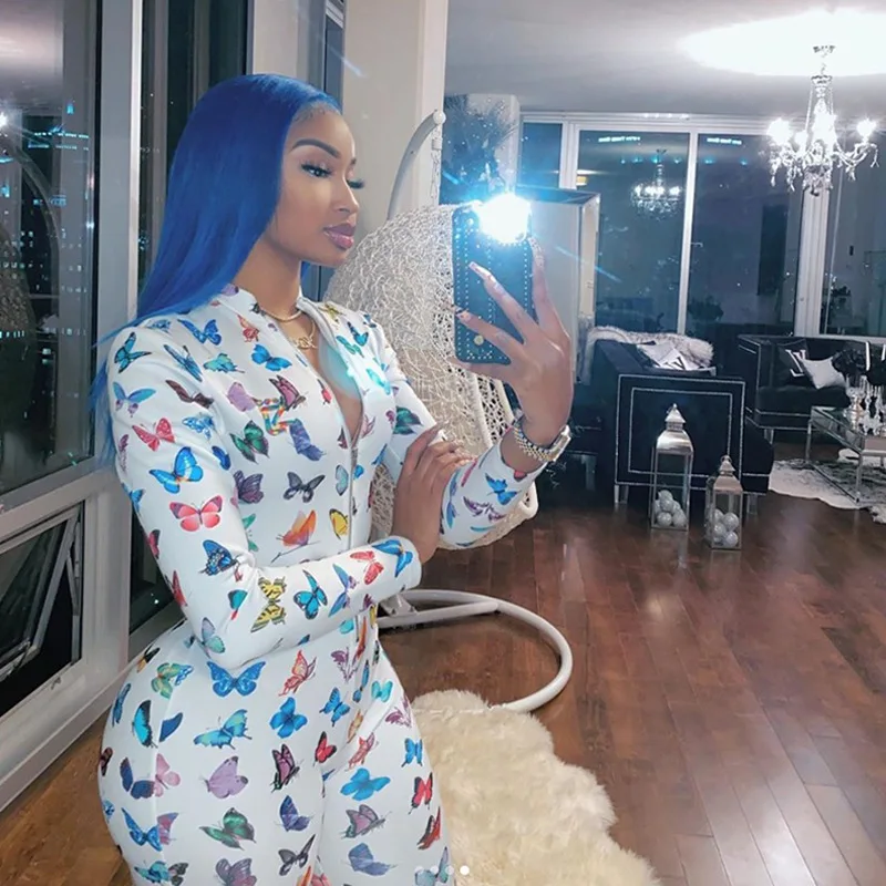 Sexy Women Butterfly Print Long Sleeve Zipper Down V neck Bodycon Jumpsuits Club Outfits One Piece Rompers Active Wear Sexy Women Butterfly Print Long Sleeve Zipper Down V neck Bodycon Jumpsuits Club Outfits One Piece Rompers Active Wear