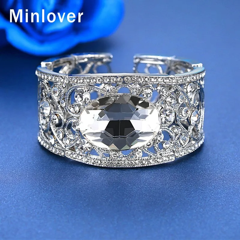 Minlover, большой кристалл, для невесты, широкие манжеты, браслеты для женщин, регулируемый, серебряный, золотой, для свадьбы, Круглый, браслет, для выпускного, ювелирное изделие, MSL426