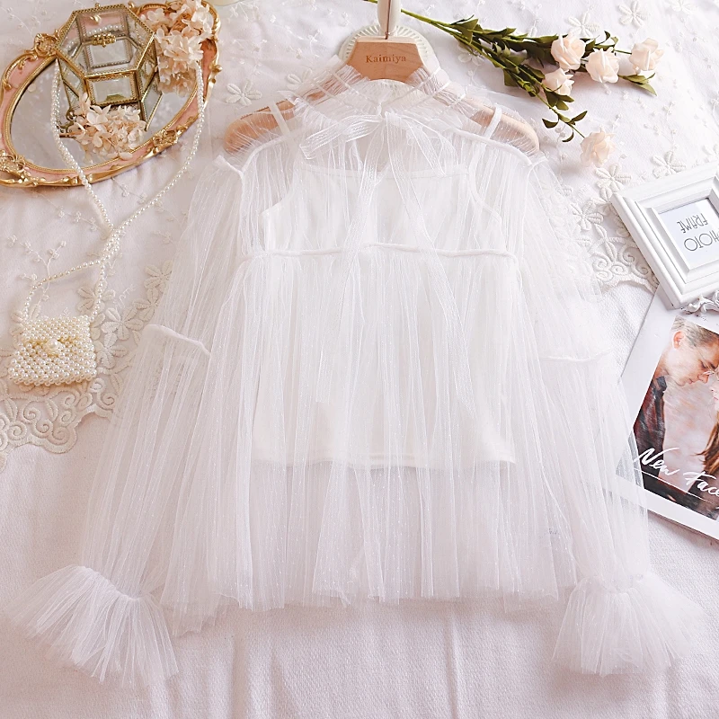 Sweet Autumn Princess Style Standing collar Ruffle Long Sleeve Cute Bowknot Lace Women Tops Blouse Teen Girls Clothing Mori Girl
