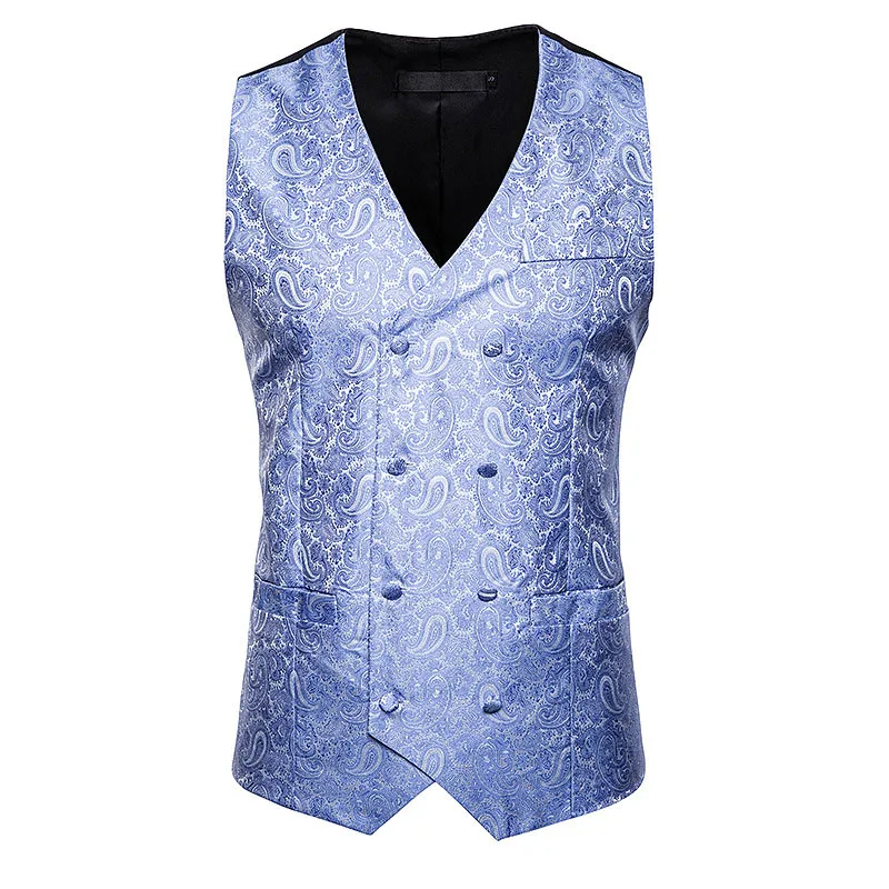 light blue Жаккардовый костюм кешью, жилет, приталенный двубортный мужской роскошный жилет, жилет для выпускного, свадебной вечеринки, одежда для выступлений, жилет - Цвет: light blue
