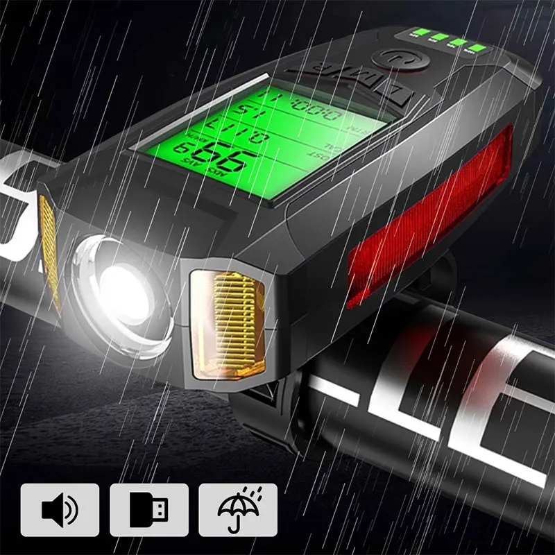 

Bike Front Light With Speedometer Horn USB Rechargeable LED Set Bicycle Handlebar Headlight And Tail Lights Cycling Accessories