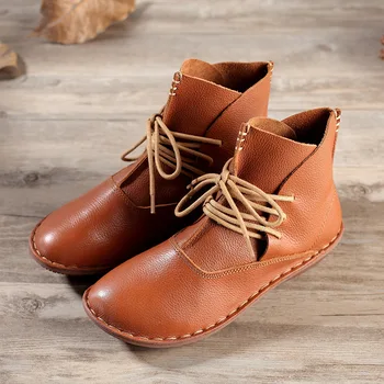 

2020 Winter Genuine Leather Ankle Boots Handmade Lady Soft Flat Shoes Comfortable Casual Moccasins Side Lace Up Ankle Boots