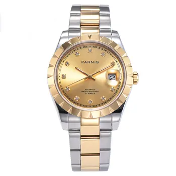 

Parnis 39mm sapphire golden dial diamond marks date magnifier miyota automatic movement men's watch