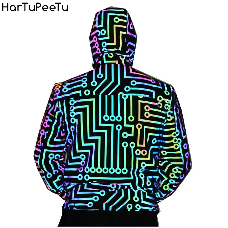 Women Reflective Jacket Hip Hop Windbreaker Night Sport Coat Hooded Fluorescent Clothing Circuit Geometric Pattern Rainbow Men [fila]marvel pattern windbreaker jacket