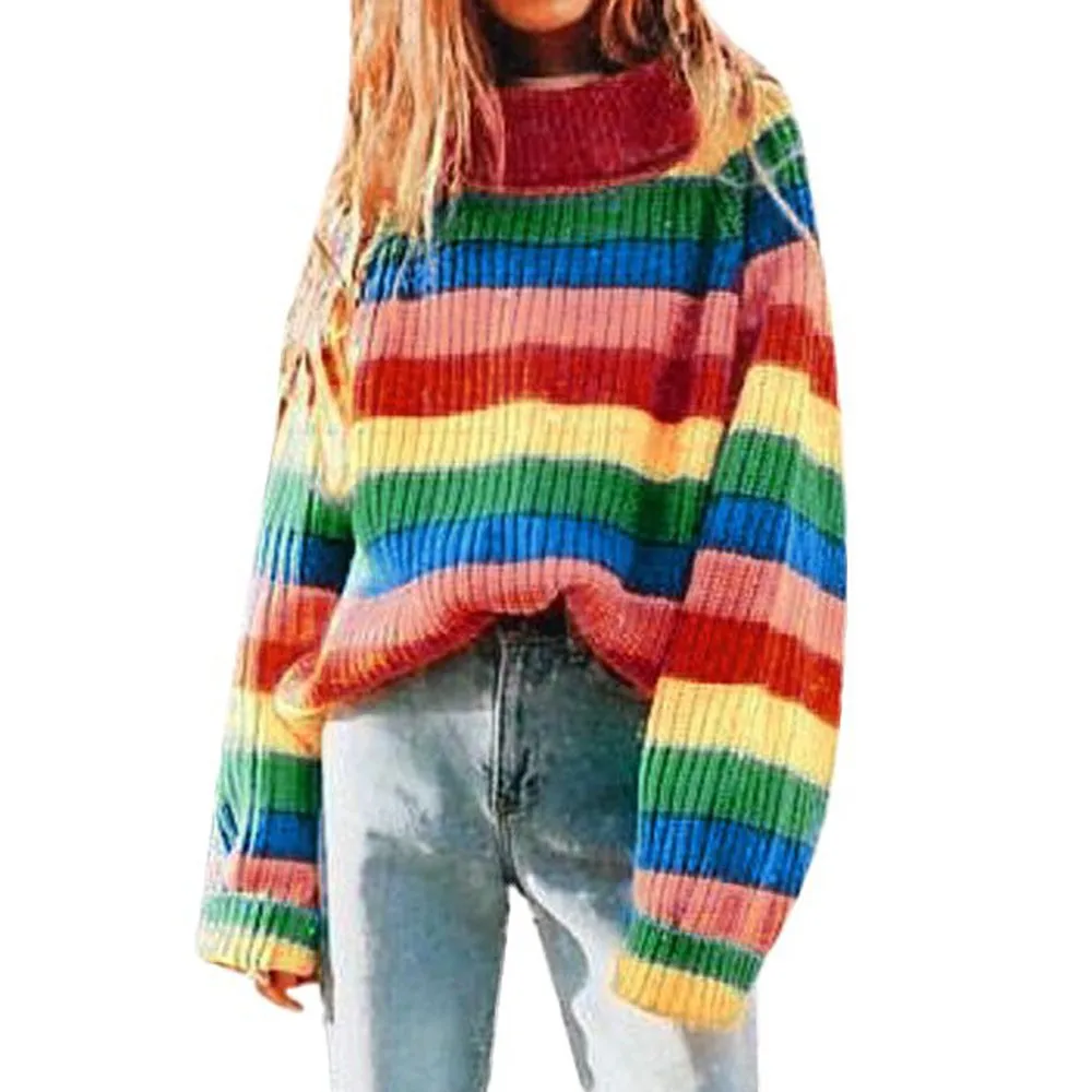 Женский Радужный свитер модный Многоцветный Полосатый Топ женский зимний длинный рукав водолазка вязаный свитер Блузка пуловер