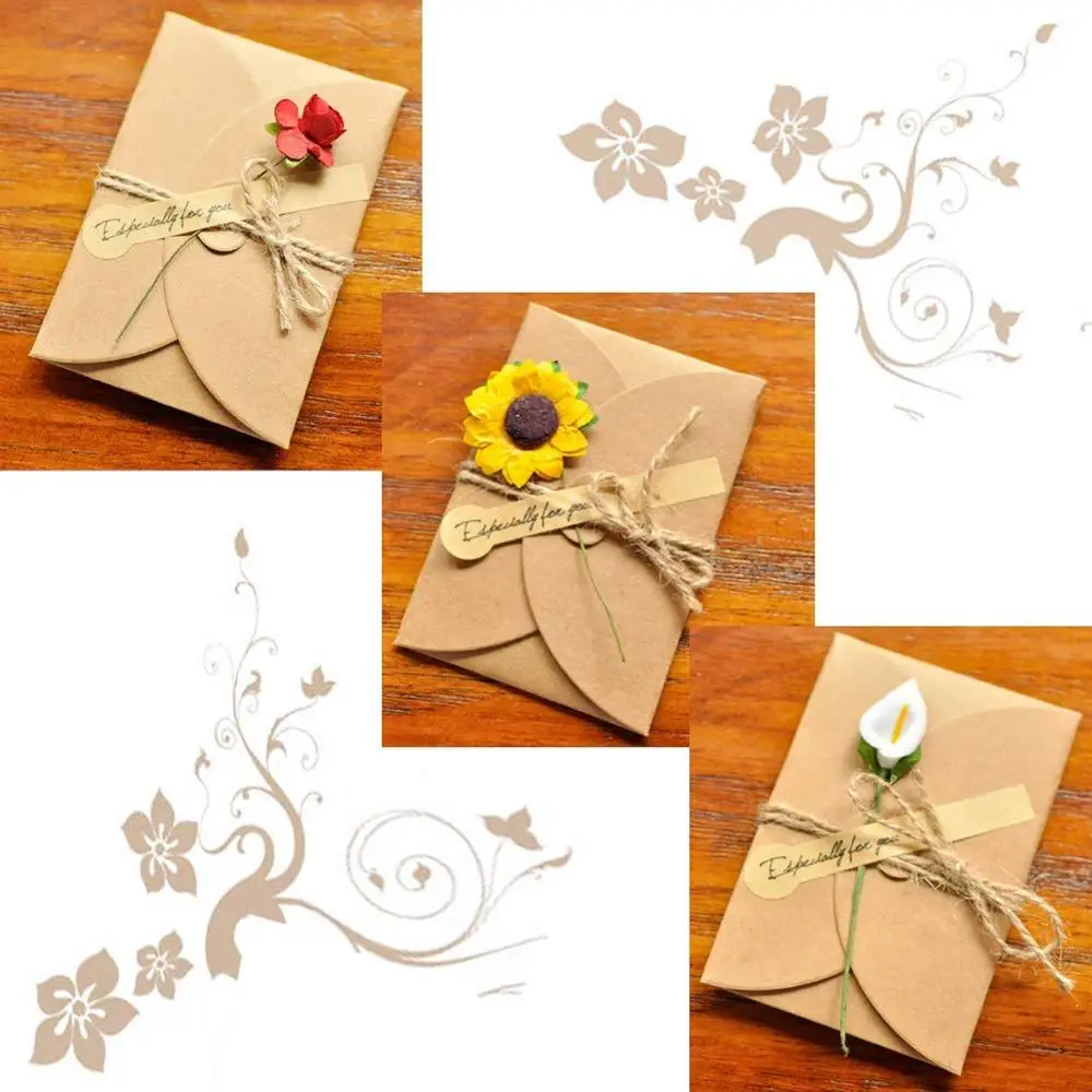  Kraft Paper Handmade Greeting Cards DIY Invitation Envelopes Thank You Flower Postcard Envelope Chr - 4000380921552