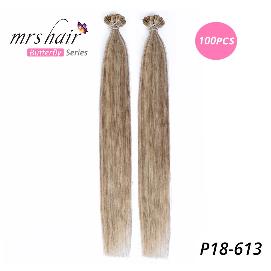 MRSHAIR предварительно скрепленные плоские волосы для наращивания 1" 18" Искусственные волосы одинаковой направленности прямые капсулы жидкий кератин волосы - Цвет: KFTP18-613-100