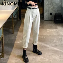 KINOMI, осенне-зимние утепленные женские шаровары, джинсы с поясом, высокая талия, женские ковбойские штаны с карманами, повседневные свободные штаны, Новинка