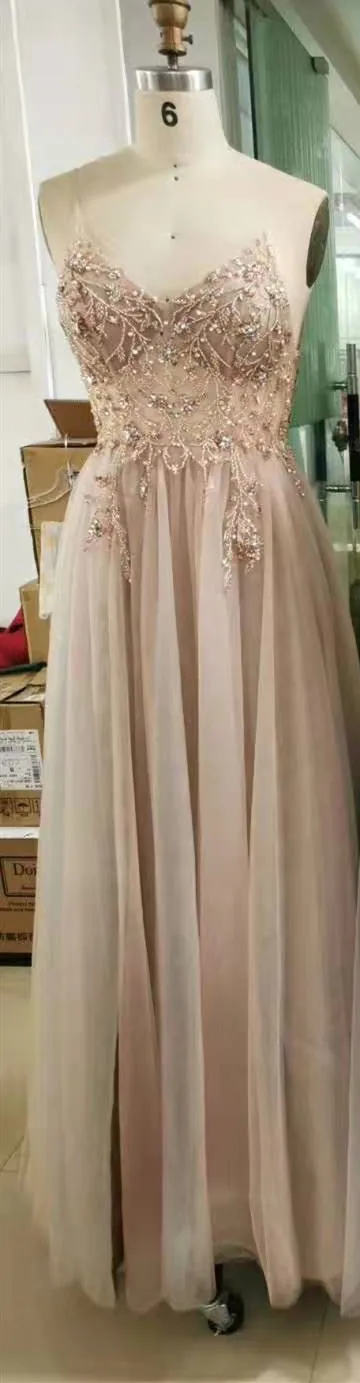 Blush Pink Вечерние платья Длинные трапециевидные сексуальные сплит глубокий v-образный вырез без рукавов длиной до пола для женщин ручной работы Бисероплетение Вечерние платья для выпускного вечера - Цвет: Blush Pink
