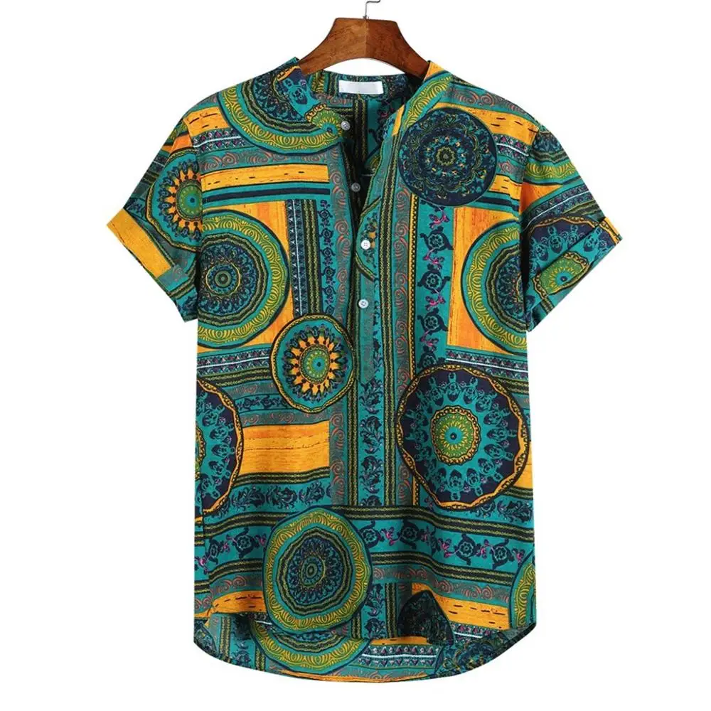 

camisa masculina Men's Shirt Cotton Linen Printed Short Sleeve Casual Henley Shirts Tie Summer Tops hawaiian shirts men dress WW