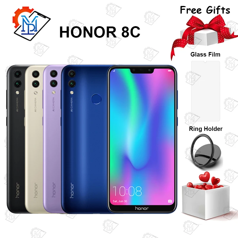 Мобильный телефон HONOR 8C с глобальной прошивкой, 6,26 дюймов, 4 Гб ОЗУ, 32 Гб ПЗУ, Восьмиядерный процессор Snapdragon 632, Android 8,1, 4000 мАч, смартфон с функцией распознавания лица