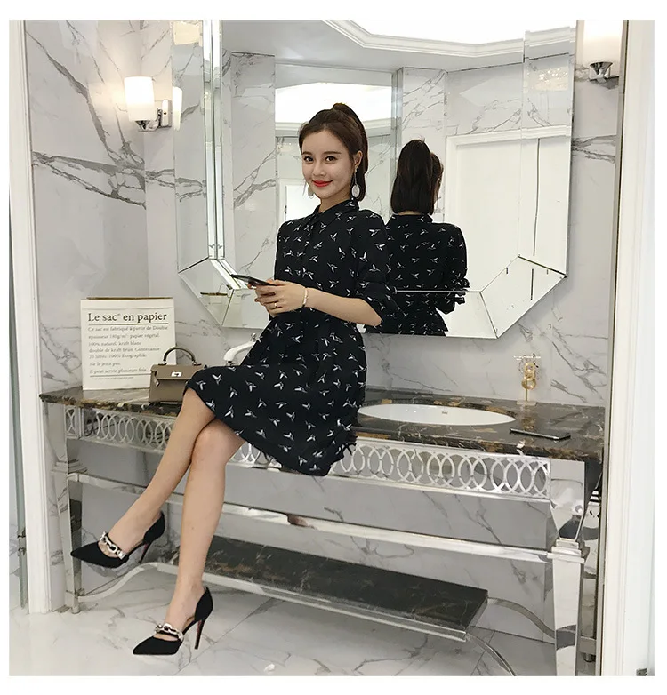 Photo Shoot Large Size Dress Autumn And Obesity Size Printed Mid-length Loose-Fit Chiffon Thousands of Birds Dress