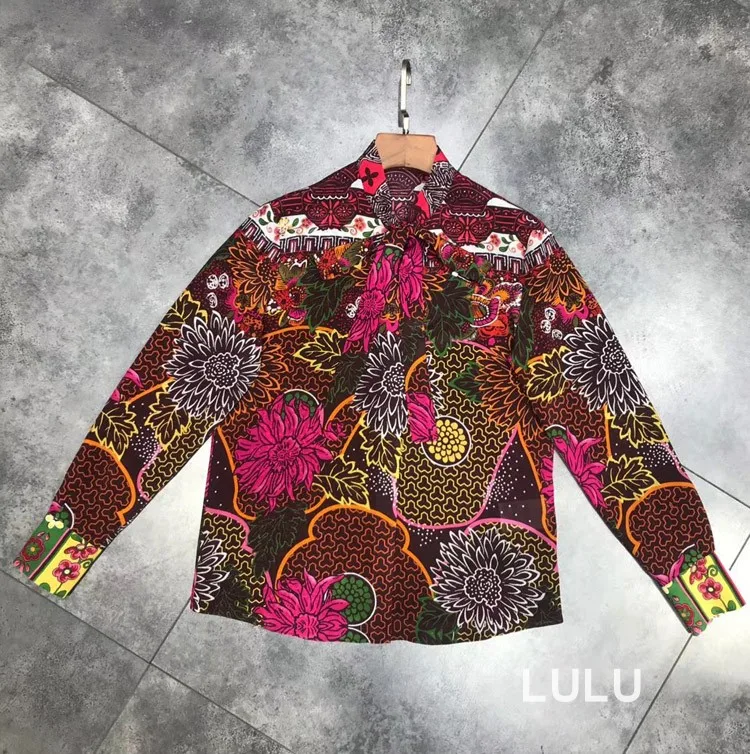 Натуральный шелк, женская блузка, весна, рукав-фонарик, на шнуровке, с бантом, одежда, новая, модная, с принтом, свободная рубашка