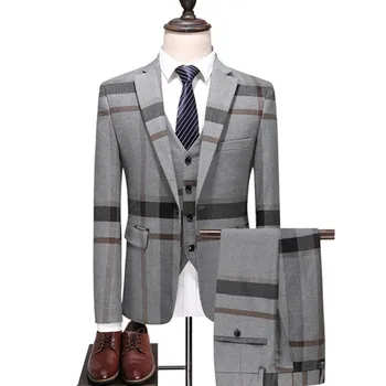 

Men's Fashion High End Plaid Wedding Banquet Slim Blazers 3 Piece Suit Set / Male Single Button Jacket Vest Pants Trousers