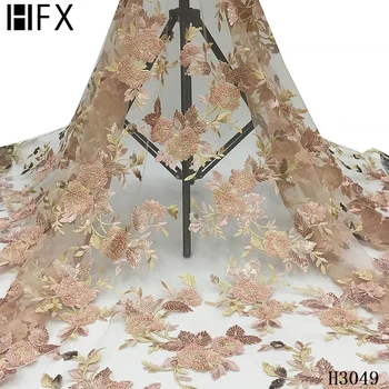 

HFX African French Lace Fabric High Quality 3D Flower Embroidery Beaded Lace Fabric Sequin Fabric Tulle Net Lace Fabric F3049