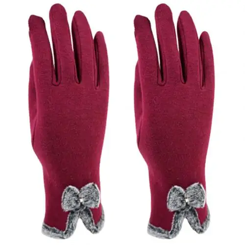 Зимние уличные перчатки с сенсорным экраном, теплые бархатные перчатки с подкладкой, перчатки с бантом на пальцах, модные элегантные женские перчатки - Цвет: Красный