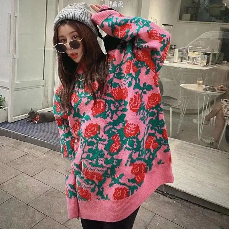 

Retro rose jacquard sweater loose 2020 new Korean style thickened T-shirt jacket woman