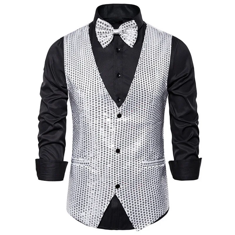 Silver Модный Блестящий жилет Chalecos Para Hombre мужской галстук-бабочка в горошек Великолепная посадка тонкий Chaleco Hombre вечерние жилеты с пайетками - Цвет: Silver