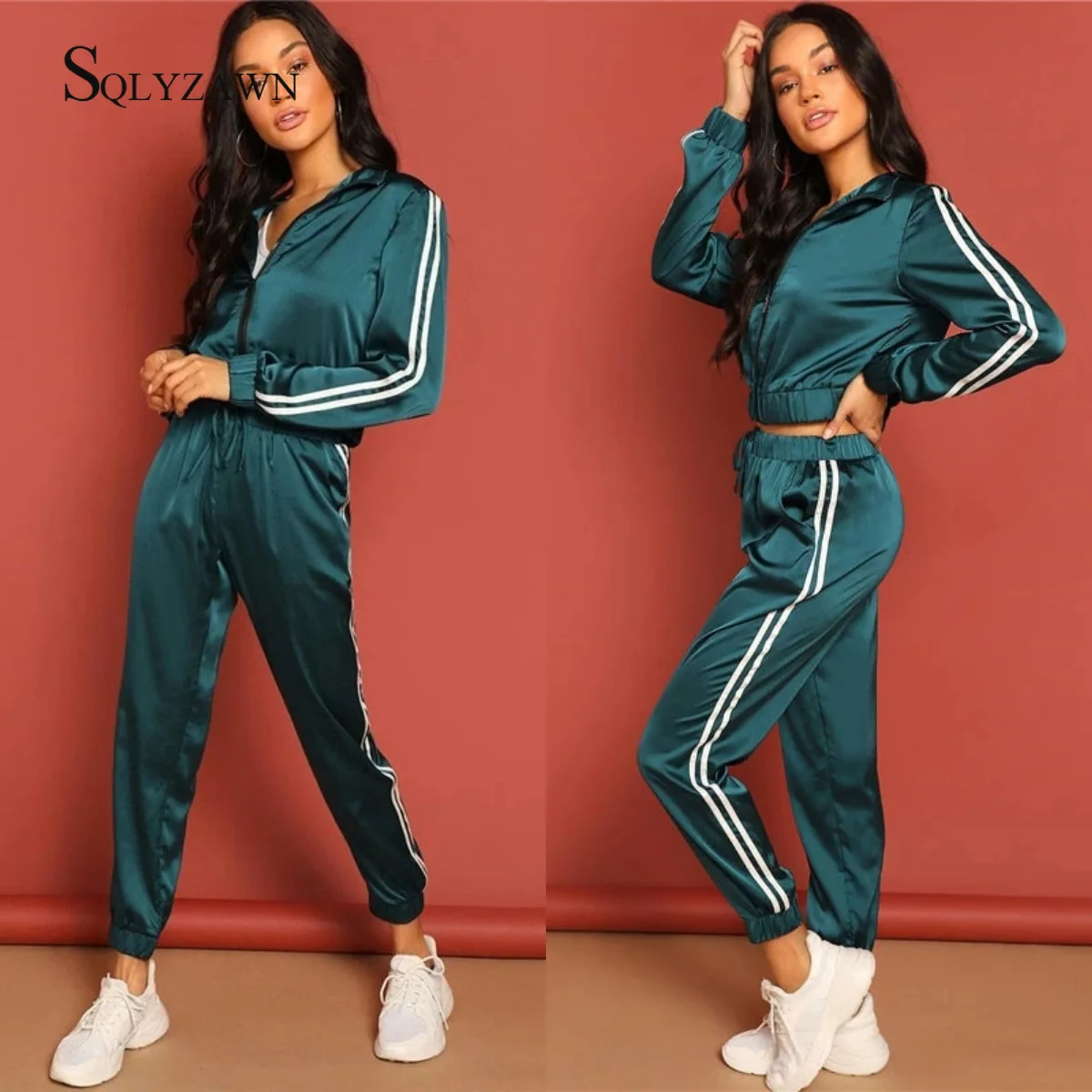 

Satin Two Piece Set Tracksuit for Women Elegant Zipper Top and Striped Pants Set Fall 2019 Womens Casual Sweat Suits Outfits