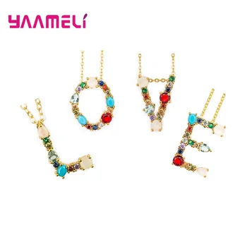 

Creative Colorful Crystal Cubic Zirconia Letters Pendant Gold 925 Sterling Silver Chain Necklace For Women Party Wedding Jewelry