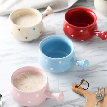 

1PC Adorable Wave Point Ceramic Bowl Creative Instant Noodle Bowl Kitchen Breakfast Bowl Tableware with Handle