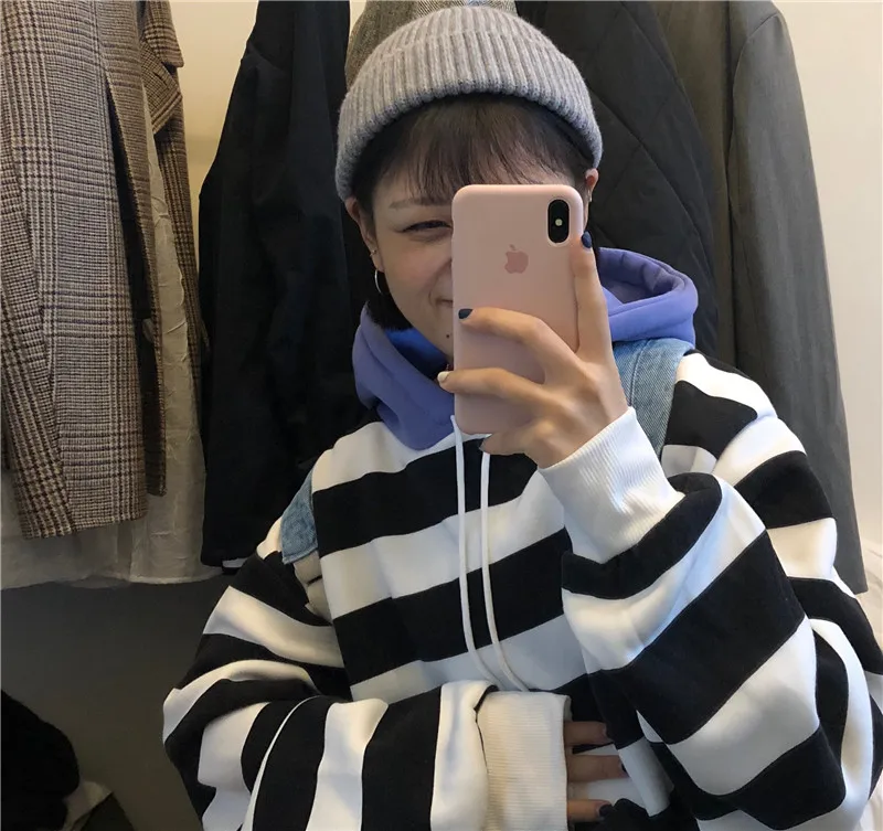 Корейский ulzzang утолщение плюс бархат мода полосатый контрастный цвет свободные с капюшоном ins Harajuku Зима Новая Женская толстовка