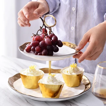 

American Art Luxury Phnom Penh Bone China Double Cake Rack Modern Home Ceramic Afternoon Tea Snack Rack Dessert Candy Fruit Tray