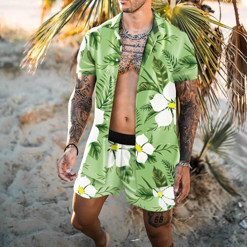 Summer Men's Shirt Beach Play Pants Suit Button Cardigan Drawstring Waist Loose Version Leisure Entertainment Outfit