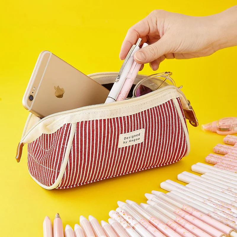 Angoo Swallow Tail Pen Pencil Bag Case Retro Stripe Dots Plaid Canvas  Storage Pouch for Stationery School A6525