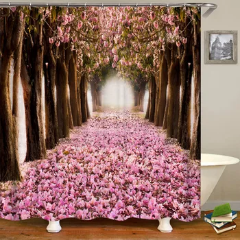 

200x180 bathroom waterproof shower curtain 3D pink forest print polyester belt hook home decoration curtain belt hook