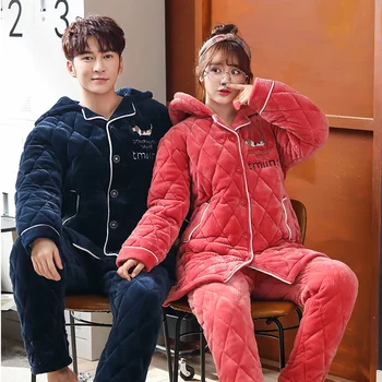 

Winter Thick Warm Couple Clip Cotton Pajamas Set Cartoon Long Sleeve Turn-down Collar Casual Soft Plus Size M-3XL Lovers Pijamas