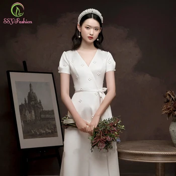 

SSYFashion New French Elegant Ivory Satin Evening Dress V-neck Short Sleeve Pearls Beading Long Formal Gowns Vestido De Noche