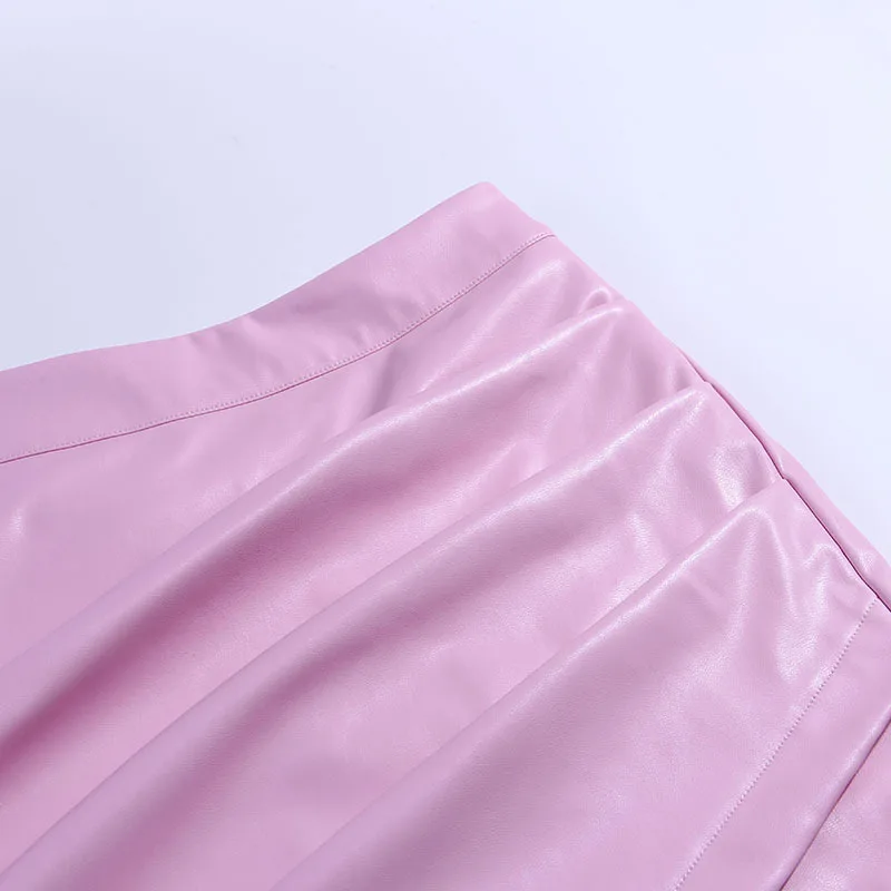 Осенняя мода розовый темперамент Тонкий из искусственной кожи с ОТВОРОТОМ однобортный пиджак необычная модная плиссированная юбка из двух частей