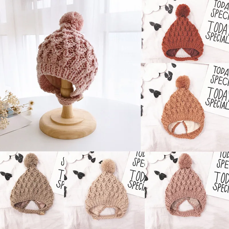 

KLV Winter Warm Baby Cap Fur Ball Pompom Beanies Cap Ear Protection Knitted Solid Color Hat for Kids Children Girls Boys