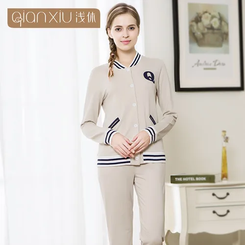 New Spring Autumn Couples Long Sleeve Stripe V Collar Cuffs Diagonal Pocket Cotton Home Clothes Suit Buttom Cardigan Sleepwear Heather grey