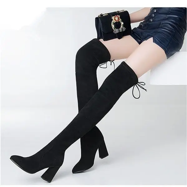 Botas de ante elásticas sin cordones para mujer, zapatos de tacón altos hasta la rodilla, tacón grueso a juego, Botas Largas para fiesta