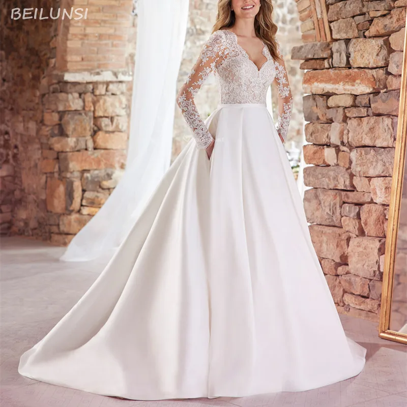 tea length wedding dress Vintage Vestido De Noiva White Satin Wedding Dresses 2022 A-line  Long Sleeve Tulle Appliqued Boho Wedding Gown Bridal Dresses grace kelly wedding dress