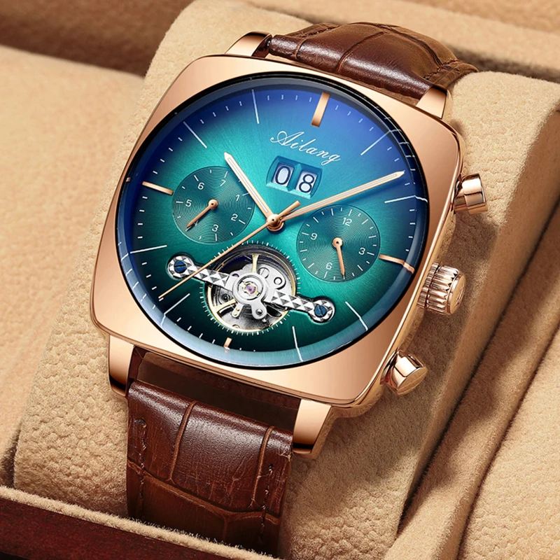 US $53.00 AILANG 2020 New Automatic Mechanical Mens Watch Green Large Dial Tourbillon Watch Leather Waterproof Automatic Watch Men