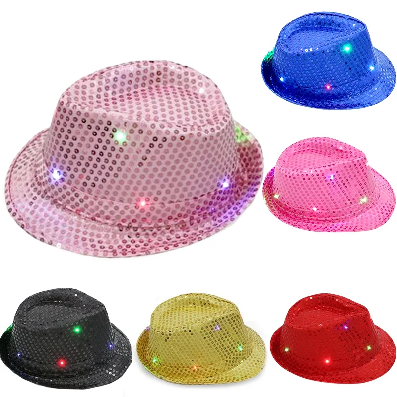 Для взрослых и детей Светящиеся LED Мигает блестками джазовые шляпы Fedora шапка на