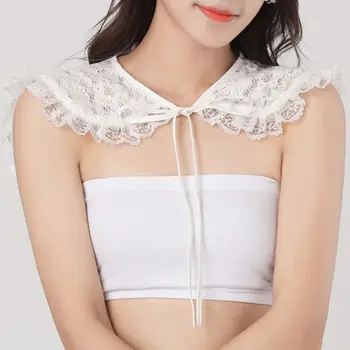 

Womens Crochet Floral Lace Stand Fake Collar Pleated Ruffles Trim Half-Shirt