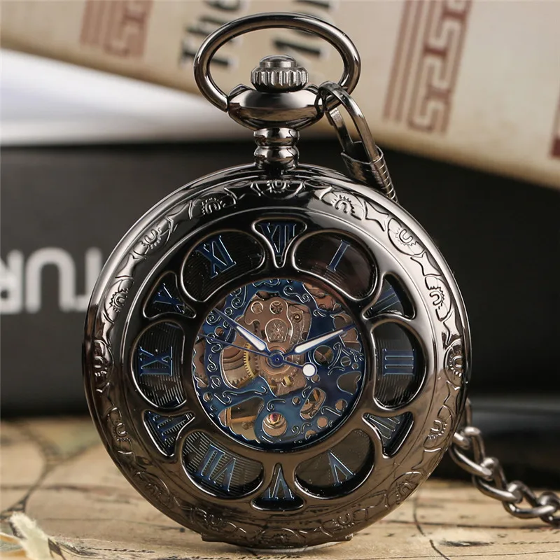 Classic Hollow Flower Roman Numerals Display Men Manual Mechanical Pocket Watch Exquisite Pendant Hand-winding Clock with Chain