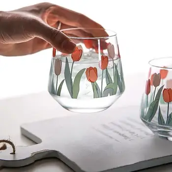 

Vintage Tulip Print Transparent Beer Whisky Milk Glass Cup Home Restaurant Mug