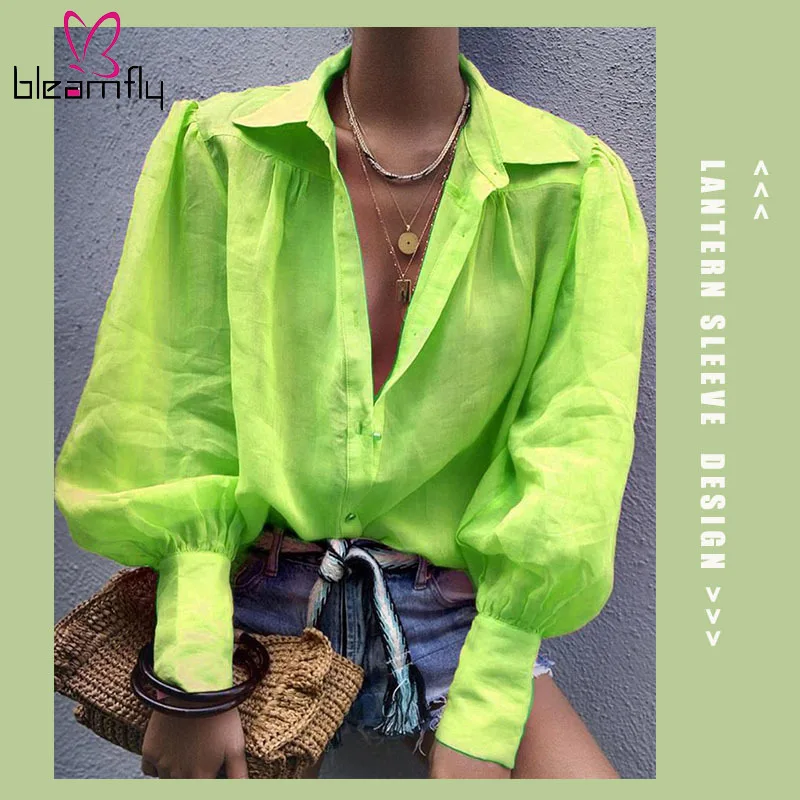 

Autumn Women Solid Lantern Sleeve Casual Shirt Long Sleeve Button Design Turn Down Collar Loose Style Spring Fall Elegant Blouse
