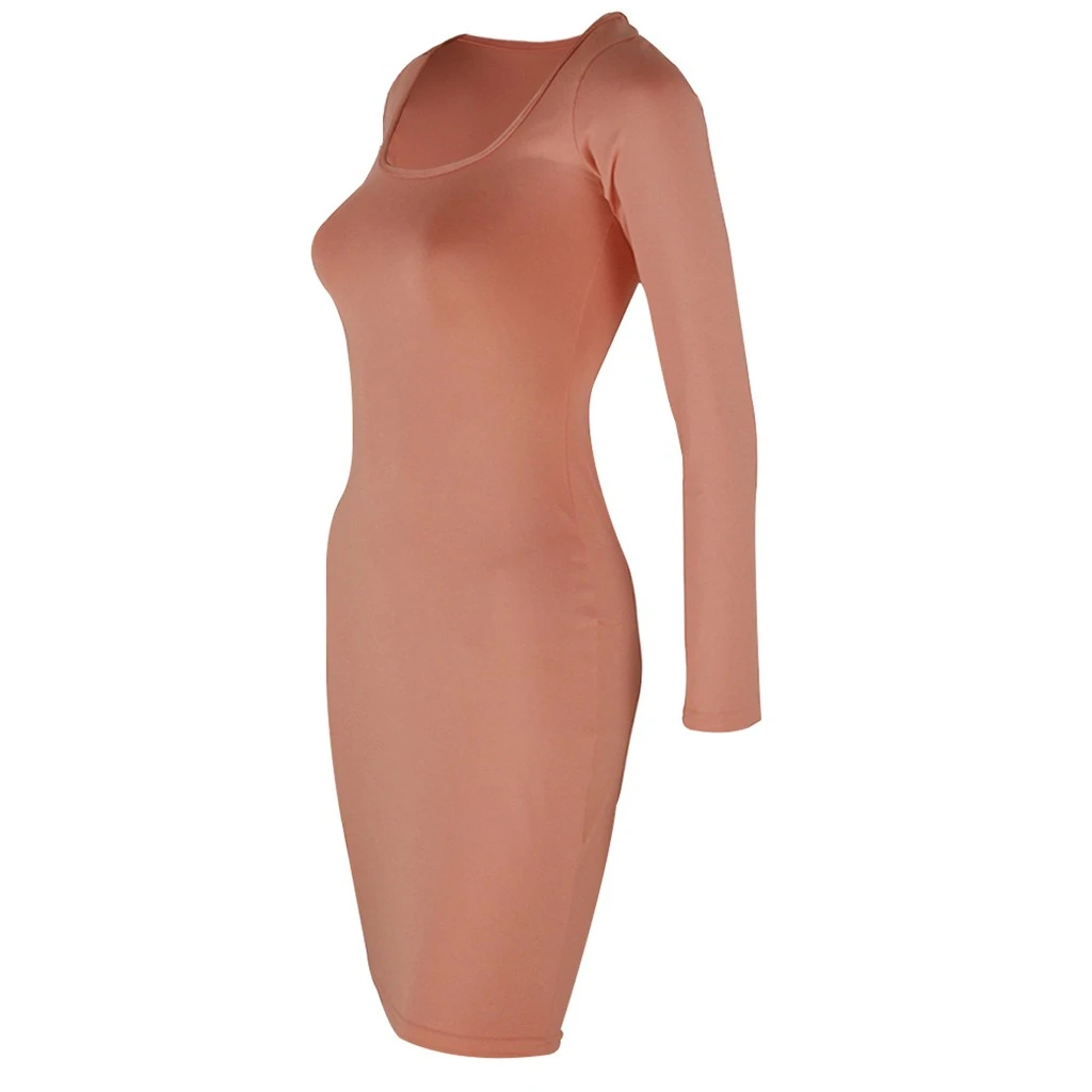 FREE OSTRICH Women Dress Women Square Collar Solid Color Sexy Long Sleeve Slim Bodycon Mini Dress Comfortable 725