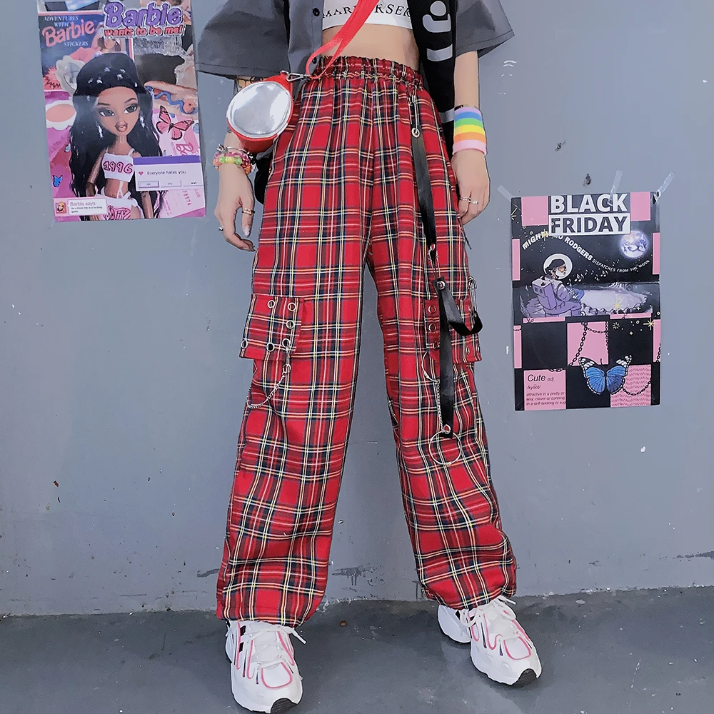 red plaid wide leg pants