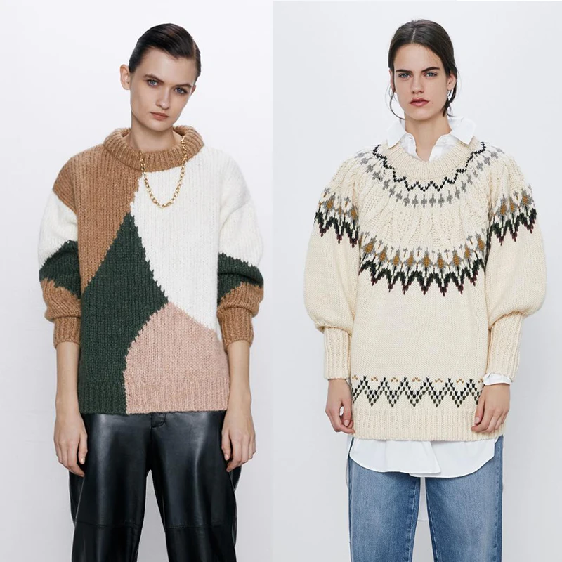 

2020 ZA Geometric Print Knitted Sweater Women Jacquard Retro Contrast Color Round Neck Loose Multi Style Long Color Matching New