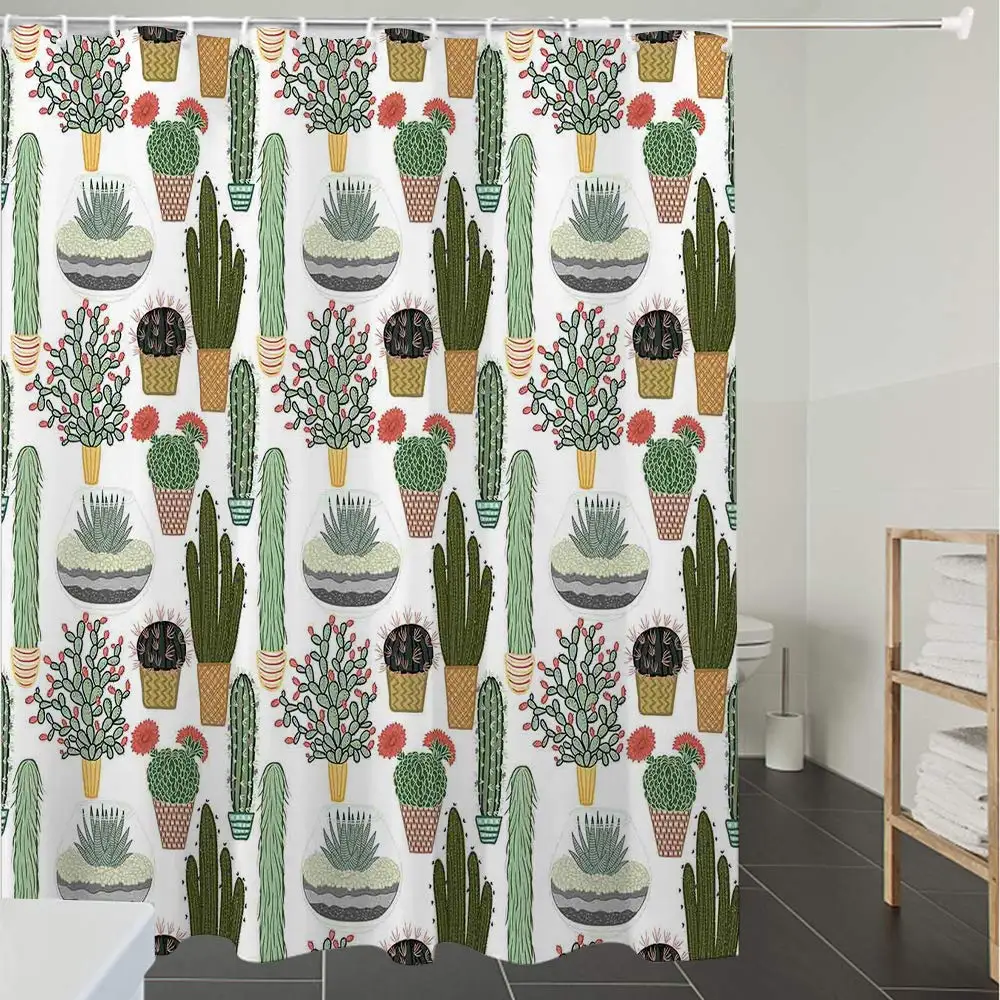 

Shower Curtain Fabric Polyester Fabric,Waterproof, Machine Washable, Cactus,Pattern with Succulent Plants and Cactuses in Pots