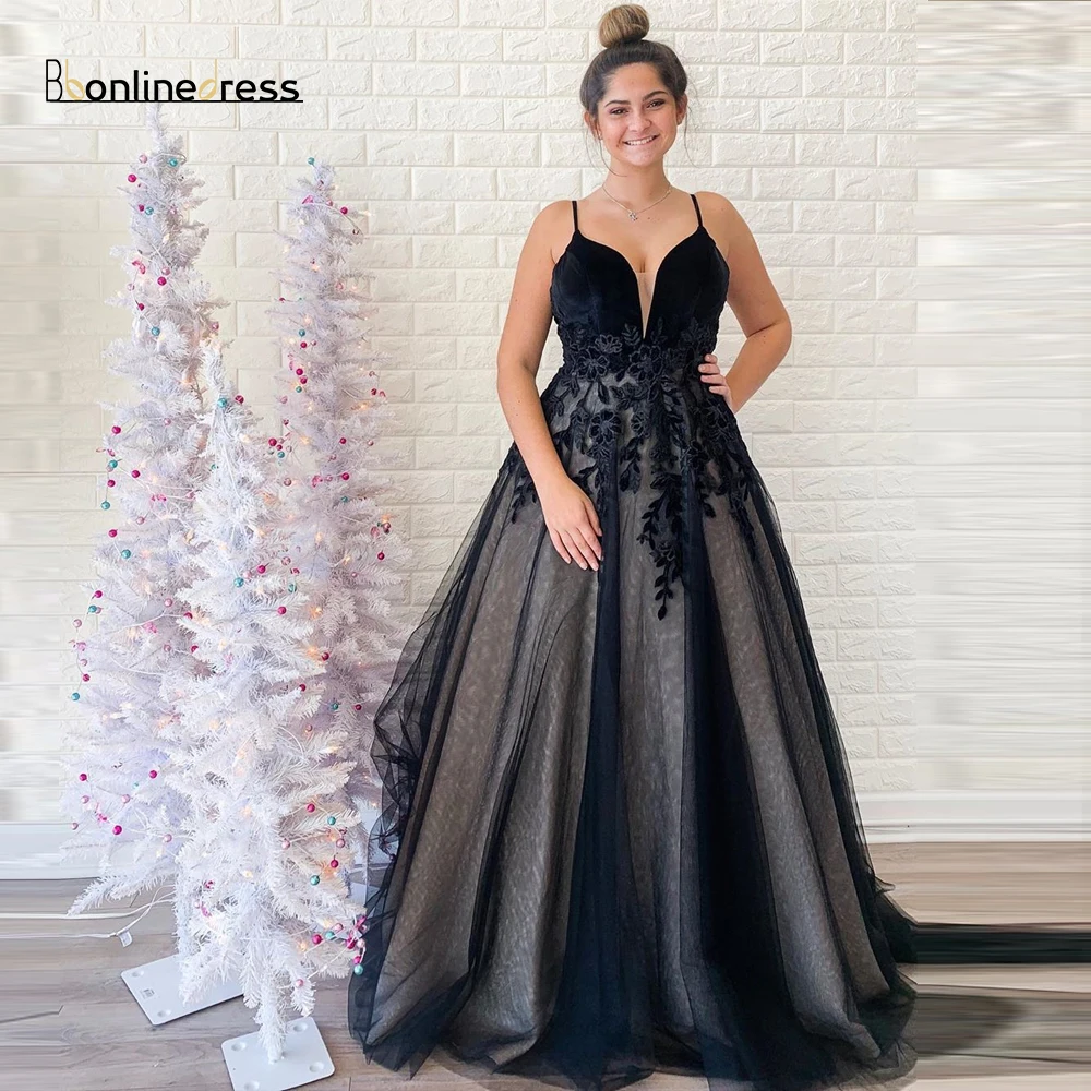 Bbonlinedress Элегантное Черное длинное платье для выпускного вечера с аппликацией, а-силуэт, официальное платье на тонких бретелях, платье для выпускного вечера, вечерние платья длиной до пола