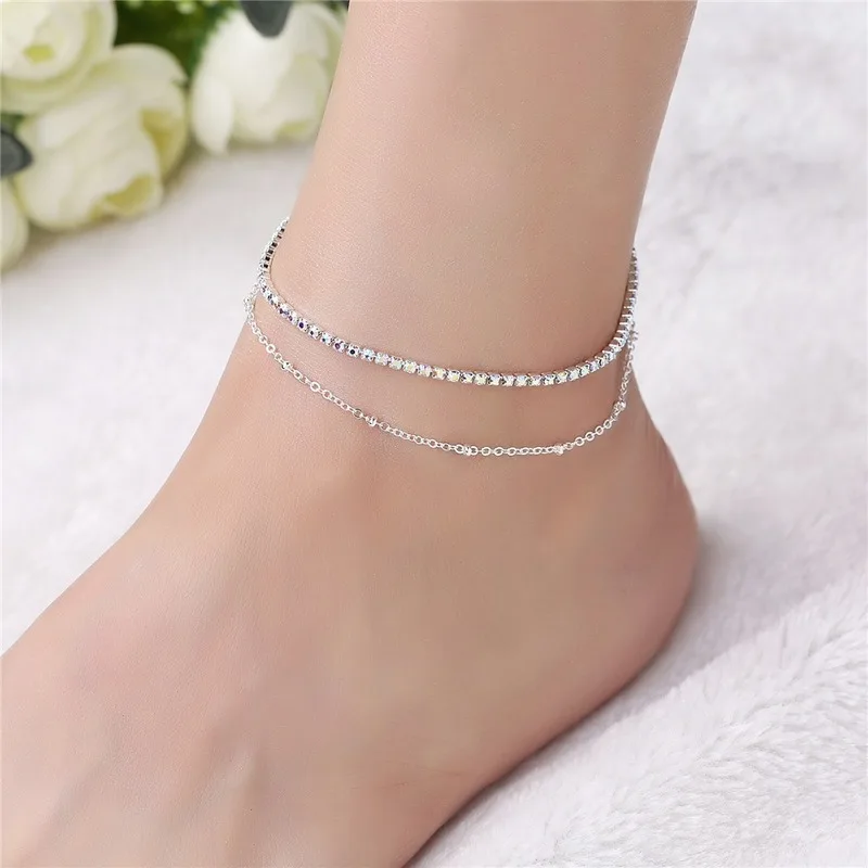 

Lovely Girl AB Crystal Ankle Bracelet Silver Color Link Chain Anklet Sexy Barefoot Jewelry Women Foot Bracelet Friendship Gift