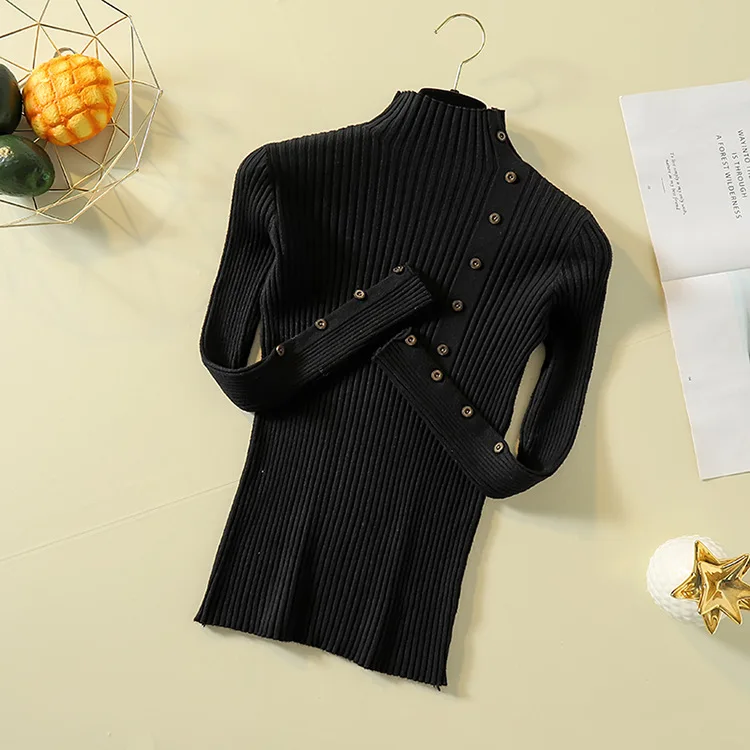 Для женщин осенний вязаный свитер для девочек Однотонный свитер вязаный женский шарф из хлопка; мягкие, эластичные, Цвет пуловеры с кнопками длинный рукав с высоким, плотно облегающим шею воротником - Цвет: Черный